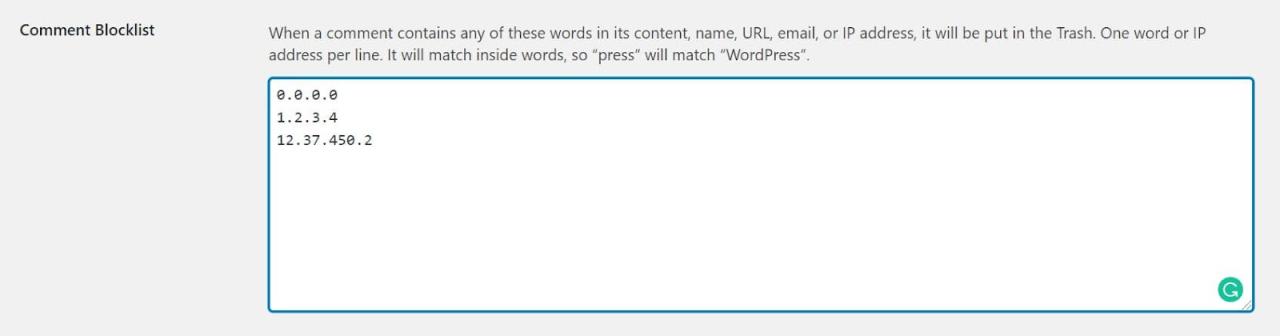 Ảnh chụp màn hình hiển thị cách thêm địa chỉ IP vào danh sách chặn nhận xét trong WordPress